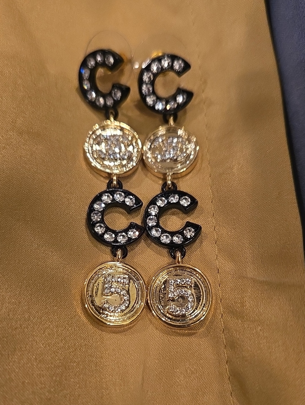 Inspire Gold and Black Crystal 'C' Drop Earrings with Coin Charms New